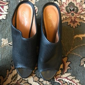 Seychelles Black Perforated Leather Peep Toe Wedge